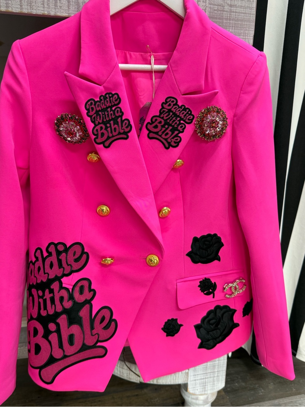 New Women’s Hot Pink Embellished Double-Breasted Blazer